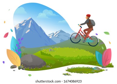 Traveling character on bike vector, biker wearing protective helmet, man on mountains. Hobby of personage active lifestyle, landscape nature hills