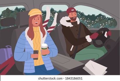 Traveling characters driving car passing winter forests and parks. Couple on winter road trip. Female holding cups of warm beverage, male holding steering wheel. Vacation of pair in love vector