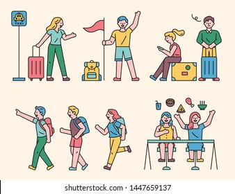 Personagens viajantes de várias ações. estilo de design plano ilustração vetorial mínima.