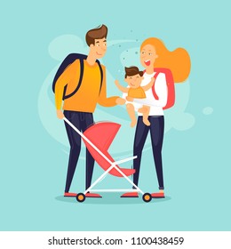Traveling with a child. Flat design vector illustration.