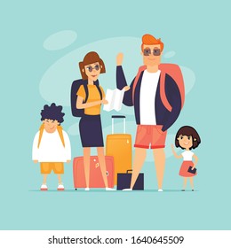 Traveling with children. Family vacation. Flat design vector illustration.