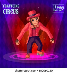 Traveling circus advertising poster with trained monkey standing on stage and wearing human clothes and rollers vector illustration