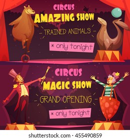 Traveling circus amazing show 2 retro cartoon style horizontal banners set with clown and magician isolated vector illustration 