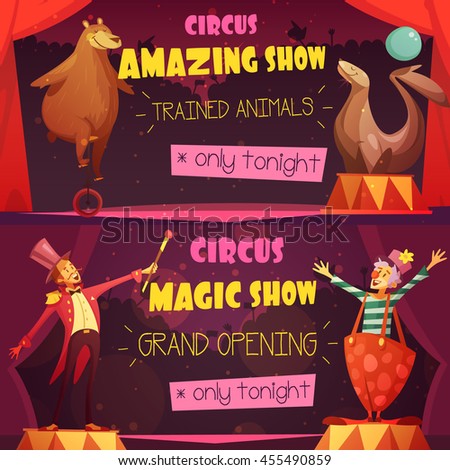 Traveling circus amazing show 2 retro cartoon style horizontal banners set with clown and magician isolated vector illustration 