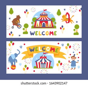 Traveling circus banner, vector illustration. Carnival event announcement, funfair invitation. Circus tent, festival marquee and trained animals. Entertainment performance ticket template, welcome