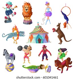 Traveling circus icons set with different artists and trained animals in cartoon style isolated vector illustration