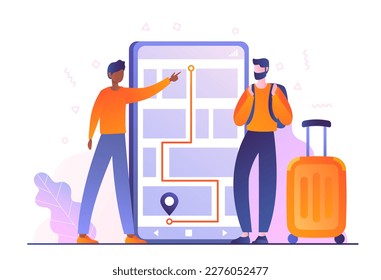 Traveling with colleagues. Men with backpack and suitcase near smartphone screen. Tourists on vacation look at route on map. Navigation and geolocation, GPS. Cartoon flat vector illustration