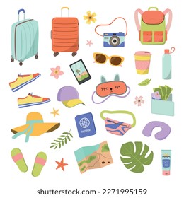 Traveling collection. Camera, suitcases, map, clothes, and accessories for a trip. Isolated on white background. Vector tourist set in flat style