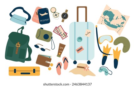 Colección de viaje, cámara aislada y mapa, ropa y accesorios necesarios en el viaje. Equipaje y almohada, sombrero y toalla, bolsas y estera para dormir y acampar. Vector turístico en estilo plano