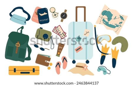 Traveling collection, isolated camera and map, clothes and accessories needed in trip. Baggage and pillow, hat and towel, bags and mat for sleeping and camping. Vector tourist set in flat style