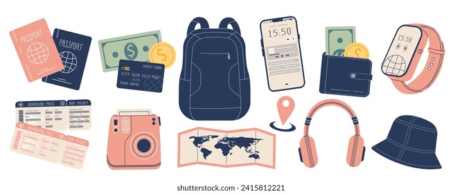 Traveling collection.travel items set. passport, plane tickets, camera, backpack, wallet with money, phone, headphones, map, smart watch, hat