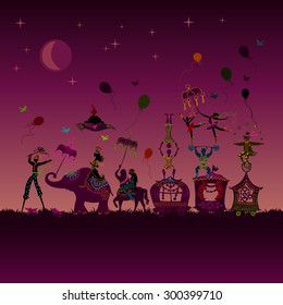 traveling colorful circus caravan with magician, elephant, dancer, acrobat and various fun characters in one row at night