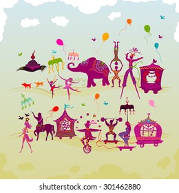 traveling colorful circus caravan with magician, elephant, dancer, acrobat and various fun characters in two rows during daylight