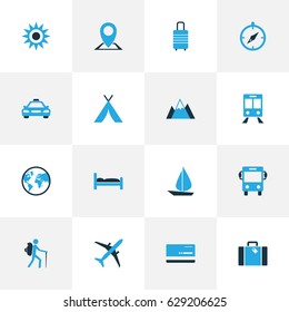 Traveling Colorful Icons Set. Collection Of Map Pin, Earth, Airplane And Other Elements. Also Includes Symbols Such As Pin, Bank, View.