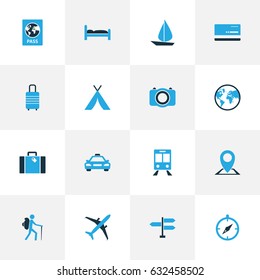 Traveling Colorful Icons Set. Collection Of Baggage, Photo Device, Suitcase And Other Elements. Also Includes Symbols Such As Signpost, Tent, Car.