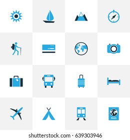 Traveling Colorful Icons Set. Collection Of Baggage, Compass, Bank Card And Other Elements. Also Includes Symbols Such As Man, Navigation, Dome.