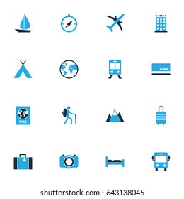 Traveling Colorful Icons Set. Collection Of Mountains, Tourist, Suitcase And Other Elements. Also Includes Symbols Such As Photo, Shelter, Hotel.