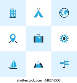 Traveling Colorful Icons Set. Collection Of Mountains, Earth, Tent And Other Elements. Also Includes Symbols Such As Sun, Bag, World.