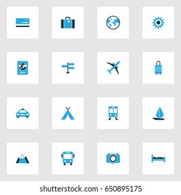 Traveling Colorful Icons Set. Collection Of Taxi, Sail, Bank Card And Other Elements. Also Includes Symbols Such As Train, Plane, Sunny.