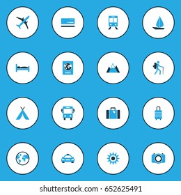 Traveling Colorful Icons Set. Collection Of Baggage, Bus, Photo Device And Other Elements. Also Includes Symbols Such As Bank, Photo, Aircraft.