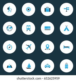 Traveling Colorful Icons Set. Collection Of Suitcase, Train, Tent And Other Elements. Also Includes Symbols Such As Sunny, Planet, Aircraft.