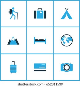 Traveling Colorful Icons Set. Collection Of Baggage, Tourist, Photo Device And Other Elements. Also Includes Symbols Such As Camera, Doss, Earth.