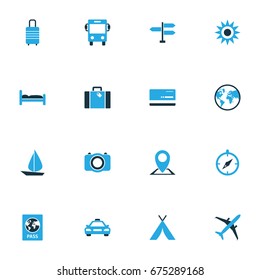 Traveling Colorful Icons Set. Collection Of Photo Device, Airplane, Bus And Other Elements. Also Includes Symbols Such As Autobus, Baggage, Tent.