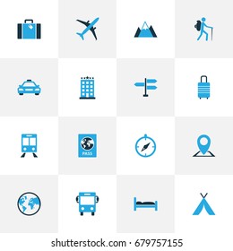 Traveling Colorful Icons Set. Collection Of Train, Suitcase, Compass And Other Elements. Also Includes Symbols Such As Building, Navigation, Railway.