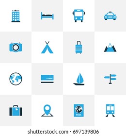 Traveling Colorful Icons Set. Collection Of Baggage, Signpost, Sail And Other Elements. Also Includes Symbols Such As Document, Bank, Device.