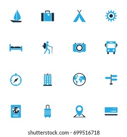 Traveling Colorful Icons Set. Collection Of Tourist, Photo Device, Bus And Other Elements. Also Includes Symbols Such As Autobus, Summer, World.