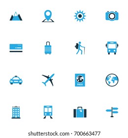 Traveling Colorful Icons Set. Collection Of Hotel, Signpost, Bank Card And Other Elements. Also Includes Symbols Such As Traveler, Location, Passport.
