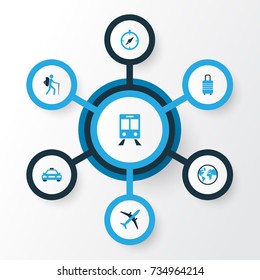 Traveling Colorful Icons Set. Collection Of Train, Baggage, Compass And Other Elements. Also Includes Symbols Such As Traveler, Aircraft, Train.