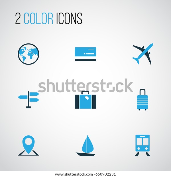 Traveling Colorful Icons Set. Collection Of\
Suitcase, Baggage, Map Pin And Other Elements. Also Includes\
Symbols Such As World, Baggage,\
Train.