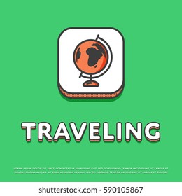 Traveling colour square icon isolated vector illustration. Globe, world map, earth or planet symbol. Worldwide traveling and tourism, globe geography logo or sign in line design.