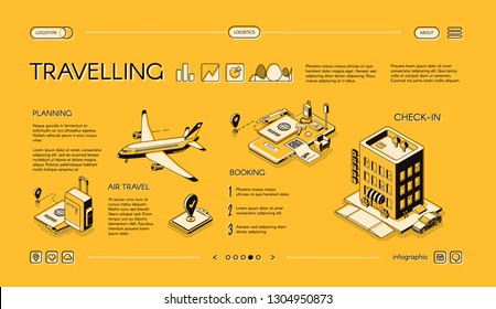 Traveling company isometric vector web banner, horizontal, slide website template with journey planning, tickets and hotel room booking online services. Mobile app for comfortable tourism landing page