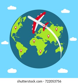 Traveling concept around the world. Banner with Earth globe, flying airplane and mapping pins. Vector illustration.