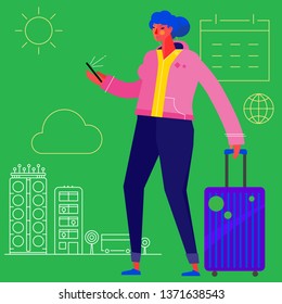 Traveling concept banner with alone woman character. Tourism and Vacancies. Traveling Alone