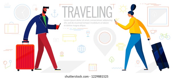 Traveling Concept Banner. Trendy Character Design Illustration