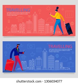 Traveling Concept Banner. Trendy Character Design Illustration