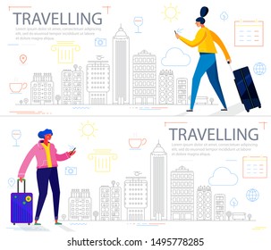 Traveling concept banners with characters. Tourism and Vacancies. Traveling Alone