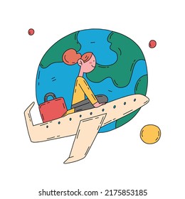 Traveling concept with girl character on the plane hand drawn flat illustration in minimal style isolated on white. World tourism day.