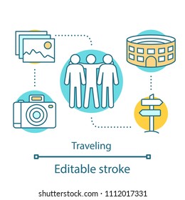 Traveling concept icon. Excursion. Sightseeing idea thin line illustration. Trip with friends. Vector isolated outline drawing. Editable stroke