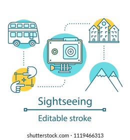 Traveling concept icon. Excursion. Sightseeing idea thin line illustration. Trip. Vector isolated outline drawing. Editable stroke