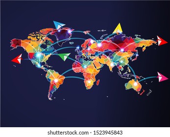 Traveling concept. Paper art of a planes fly along airline around the world, travel and journey idea in transportation concept, vector art and illustration.
