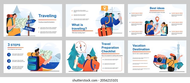 Traveling concept for presentation slide template. People with backpacks or luggage go on vacation for travel, hiking, visiting different cities and sightseeing. Vector illustration for layout design