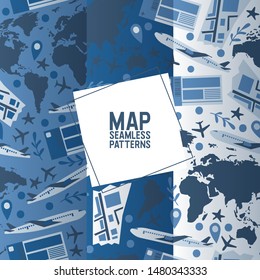 Traveling concept set of seamless patterns vector illustration. Travel textile. Flying airplane over planet with different countries. Tourism and world map. Plane trip texture.
