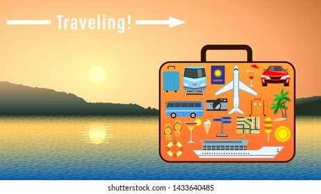 Traveling. Concept Suitcase with set different pictures for travel on the surface on the background of a beautiful sunset over the water. Banner ads for vacation travel, leisure. Vector Illustration