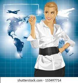 Traveling concept. Vector Business woman writing something. All layers well organized and easy to edit