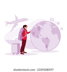 traveling concept. Young man preparing to travel around the world. Globe, plane, and suitcase. Trend Modern vector flat illustration