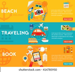 Traveling Concepts - Beach, Sightseeing, Searching and Booking, Tourism. Flat material horizontal banners